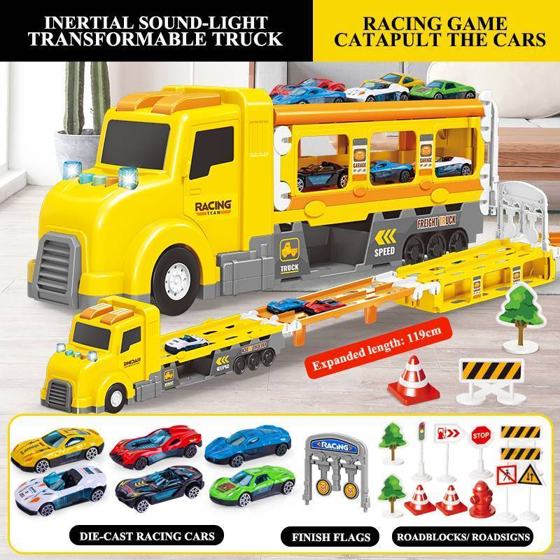 Hot selling Transport Car Carrier Truck with 6 Cars Racing Play set with Lights Sounds for Kids Christmas birthday Gifts (red)