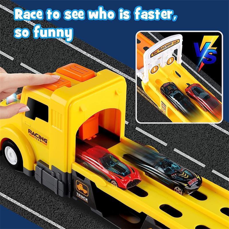 Hot selling Transport Car Carrier Truck with 6 Cars Racing Play set with Lights Sounds for Kids Christmas birthday Gifts (red)