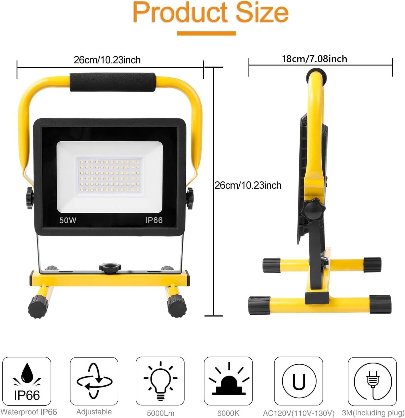 5000LM LED Construction Spotlight Portable Floodlight Construction Lamp 50 W LED Work Light IP66  Construction Site Spotlight