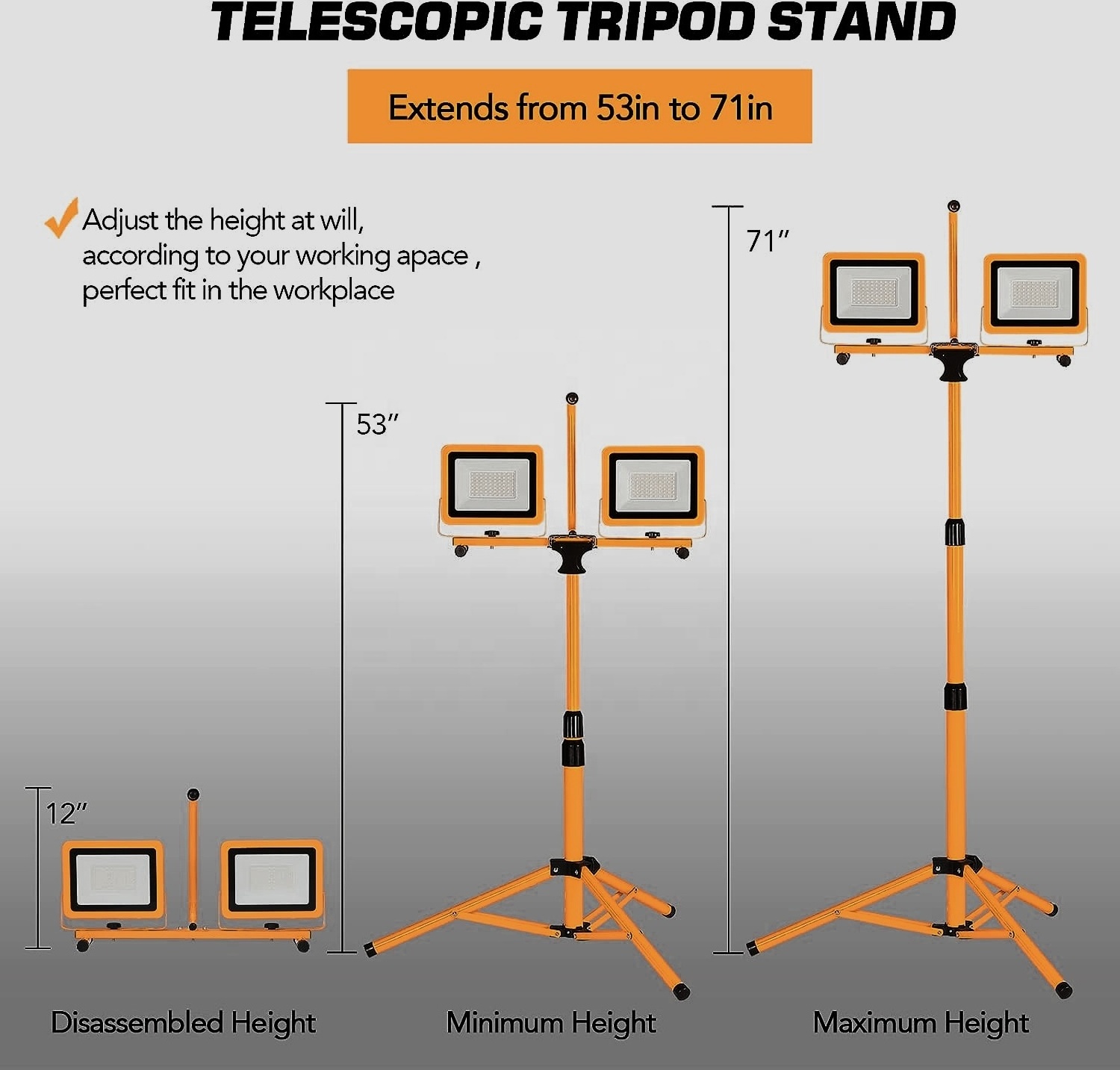 Waterproof IP65 10W 20W 50W 100W  Adjustable Metal Telescopic Tripod Stand Twin Head Work Lights Portable Led Flood Light