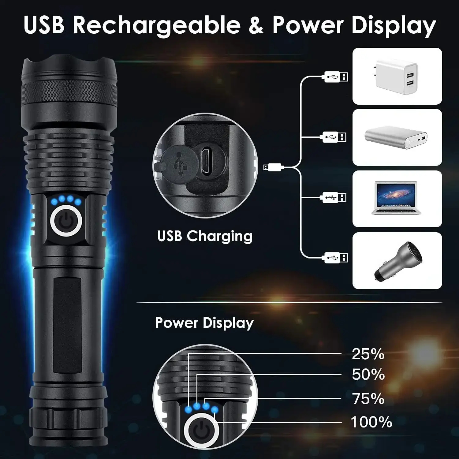 Rechargeable 100000 Lumens Super Bright Powerful Tactical Zoomable 5 Modes Waterproof  Emergency  LED Flashlights