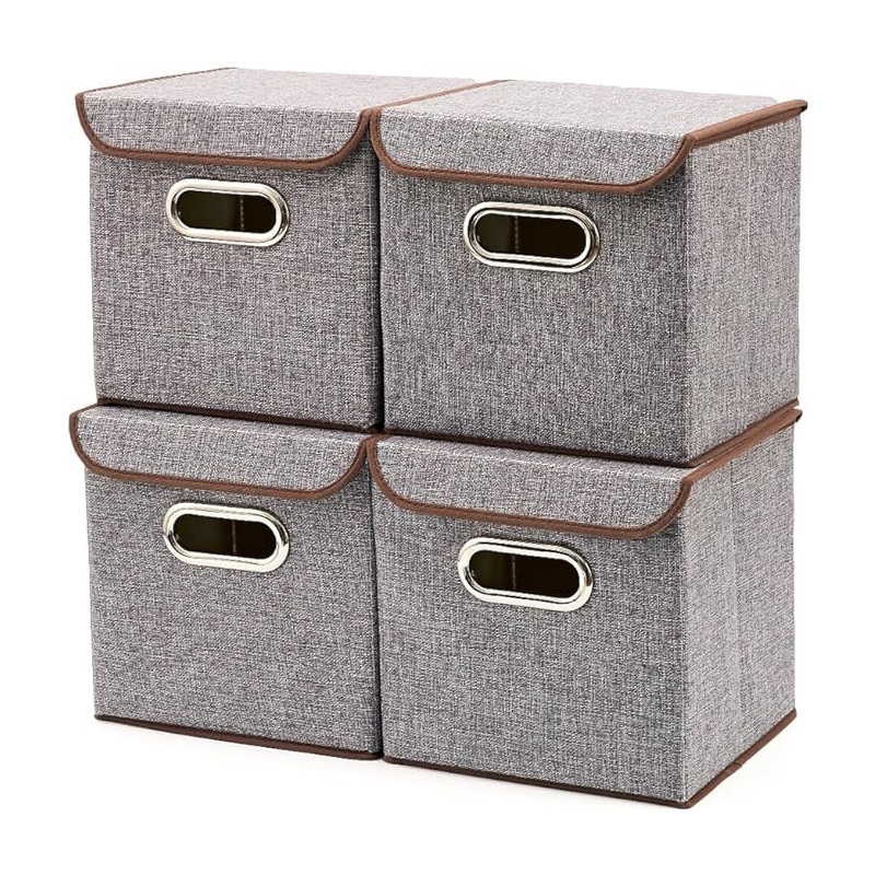 Set of 4 13 inch Linen Fabric Foldable Container with Lid Collapsible Organizer Boxes Cubes storage bin office desk organizer