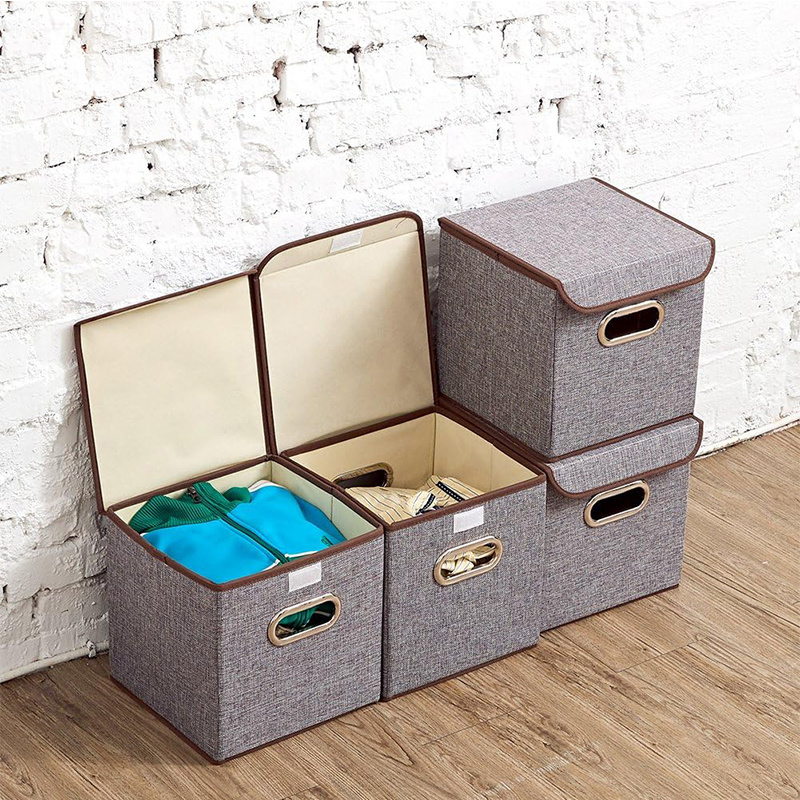 Set of 4 13 inch Linen Fabric Foldable Container with Lid Collapsible Organizer Boxes Cubes storage bin office desk organizer