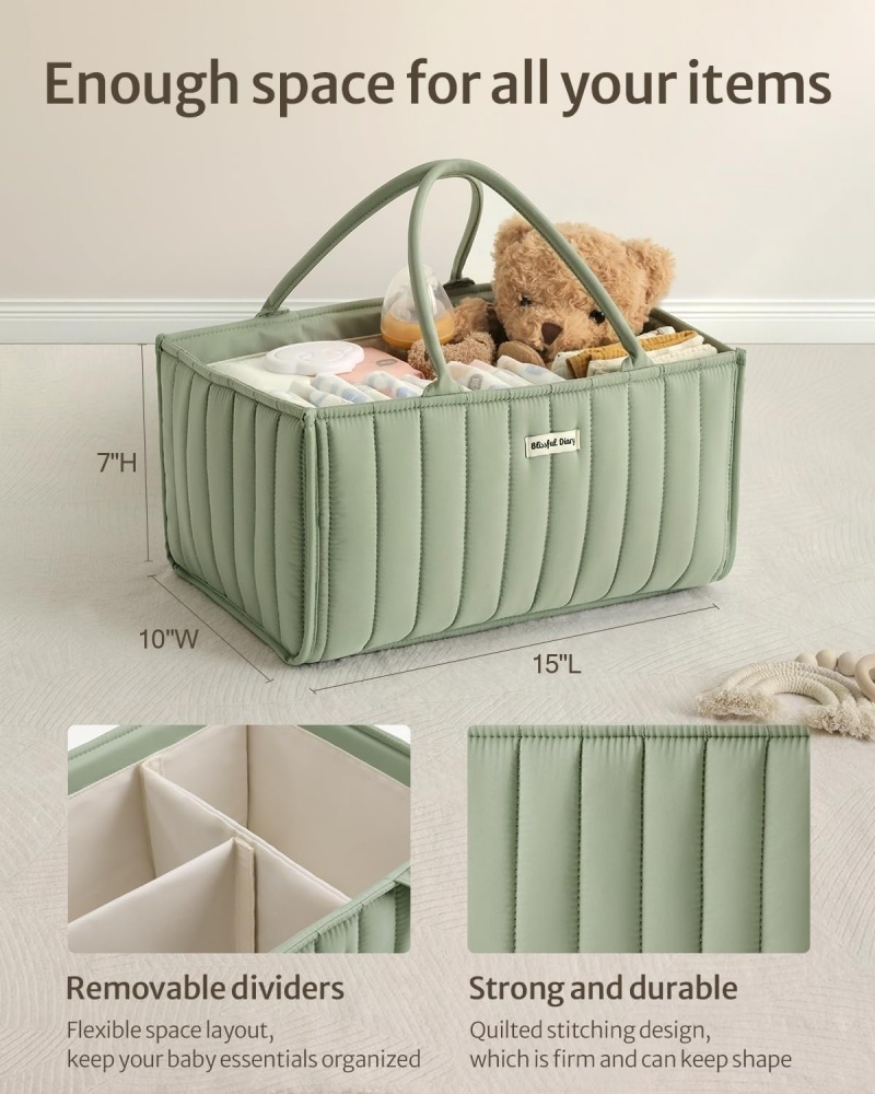 Sage Green Baby Diaper Caddy Organizer, Nursery Storage Basket for Diaper Station Gift for Baby Shower Newborn Essentials