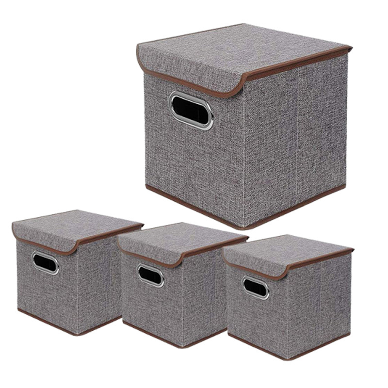 Set of 4 13 inch Linen Fabric Foldable Container with Lid Collapsible Organizer Boxes Cubes storage bin office desk organizer