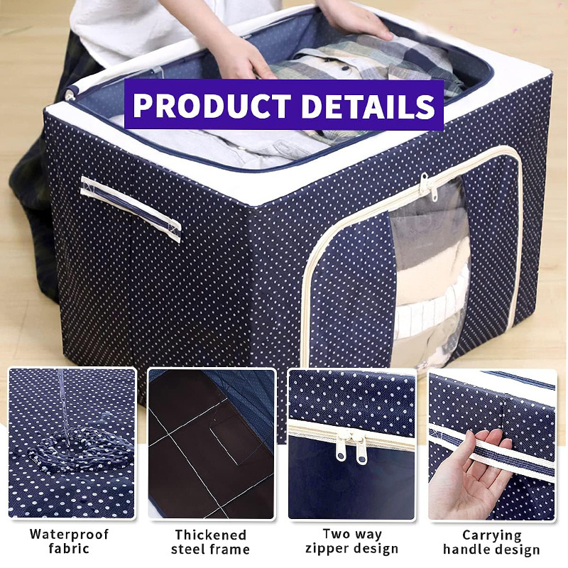 metal Frame Storage Box Oxford Folding Wardrobe clothes storage bin Fabric Foldable Stackable Container Organizer with handle