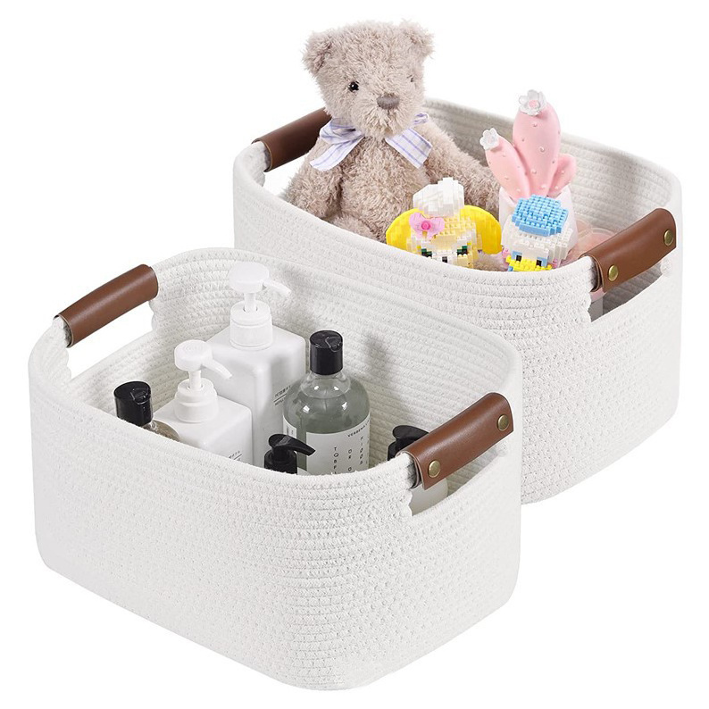 white Cotton Thread Woven Basket Wardrobe cube organizer bins Medium Rectangular Storage Basket with Handles