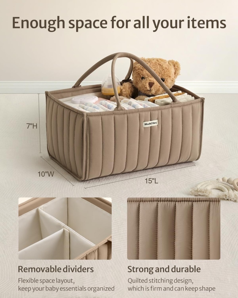 Mocha Brown Baby Diaper Caddy Fabric Storage Diaper Basket with handles Nursery Storage Caddy Organizer Bin