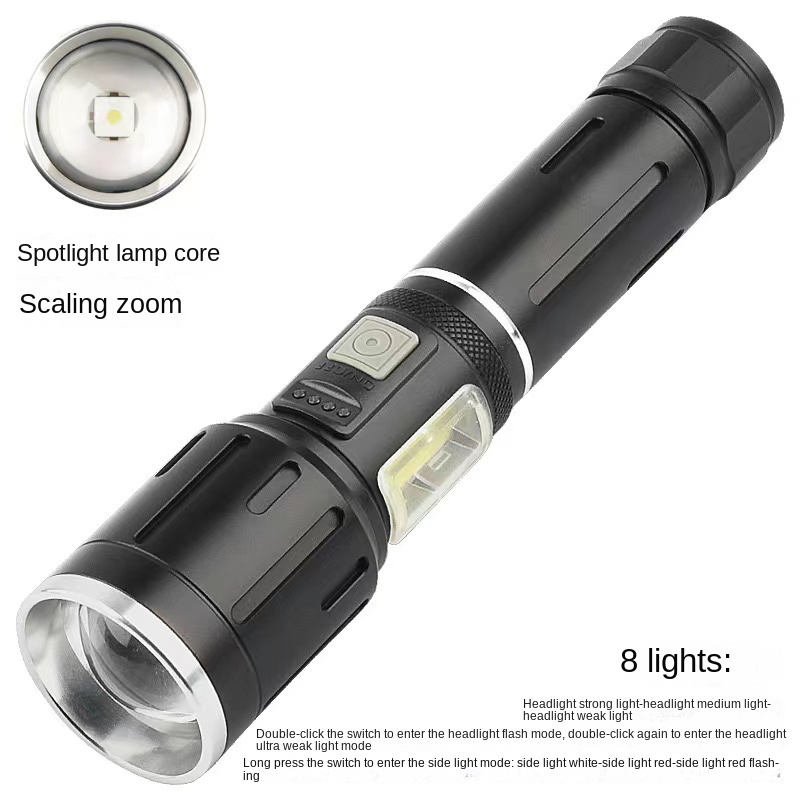 New white laser flashlight outdoor lighting telescopic zoom multi-functional COB side light flashlight