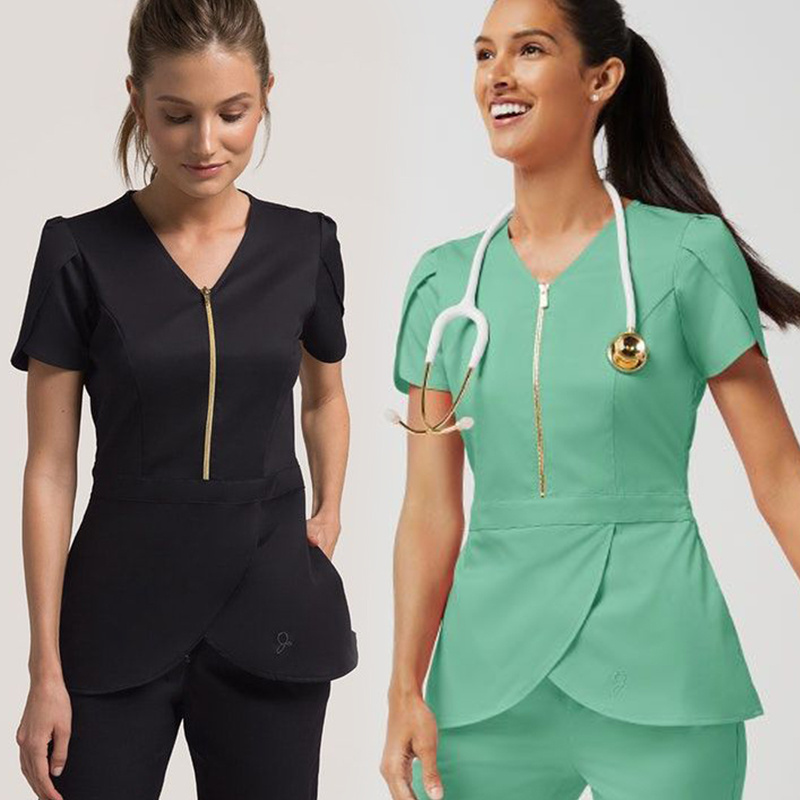 Round Neck  Zipper Scrub Top and Straight Leg Pant Set Professional Manicurist Spa Uniform Scrubs Nursing Uniform Medical Scrub