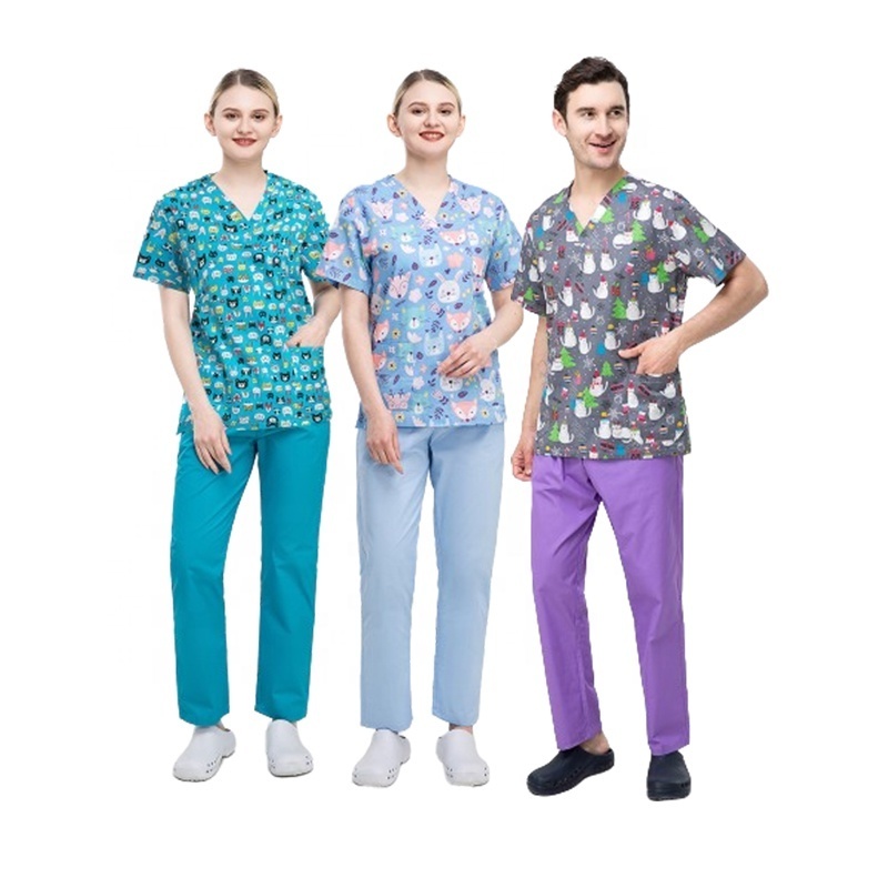 Private Label Klorine Bleach Resistance Printed Christmas Patterns Cotton Tops Scrubs Nurse Fashionable Scrubs Pattern Tops