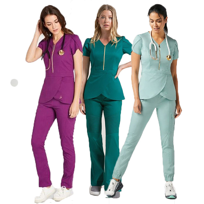 Round Neck  Zipper Scrub Top and Straight Leg Pant Set Professional Manicurist Spa Uniform Scrubs Nursing Uniform Medical Scrub