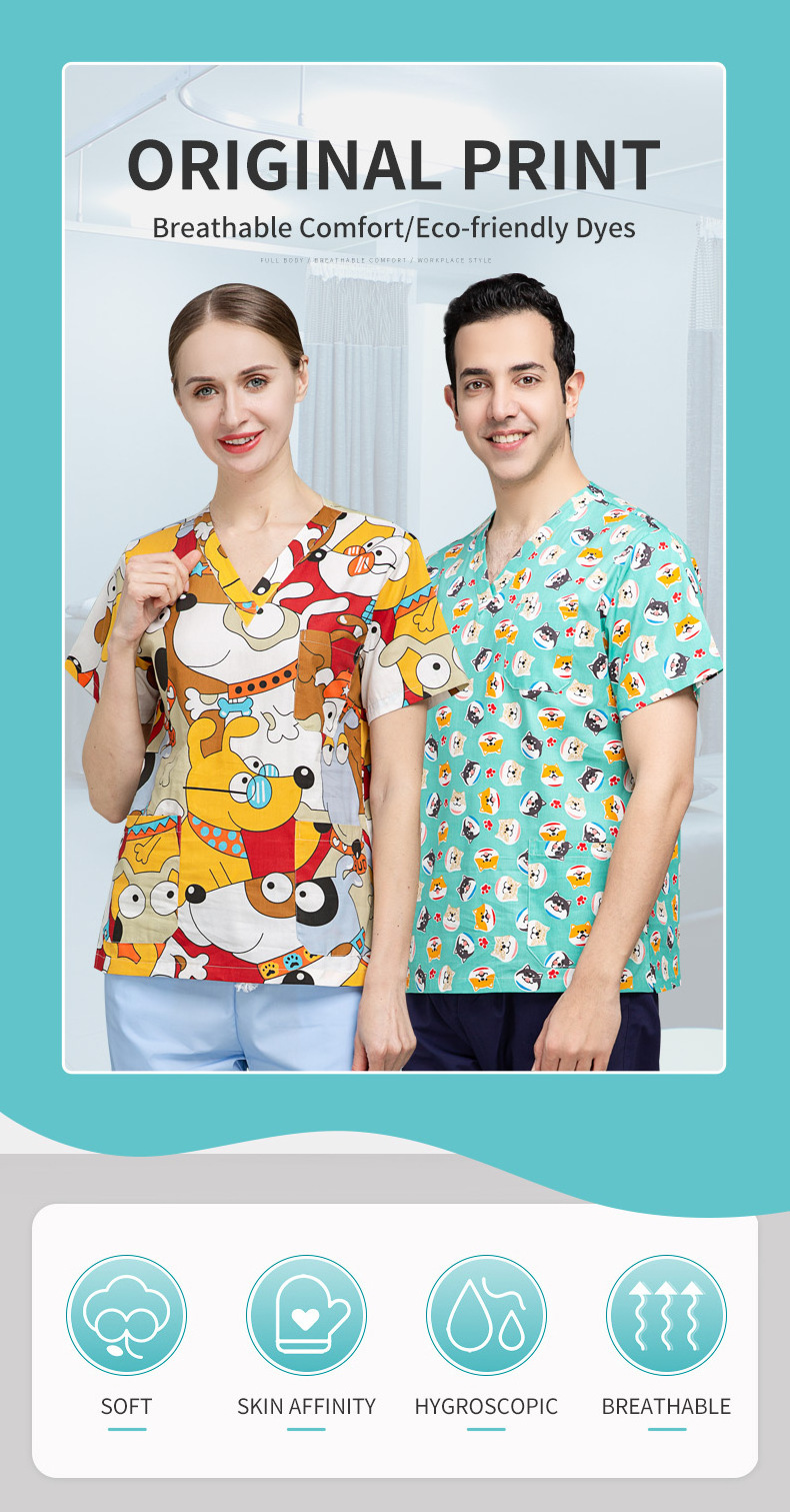 Private Label Klorine Bleach Resistance Printed Christmas Patterns Cotton Tops Scrubs Nurse Fashionable Scrubs Pattern Tops