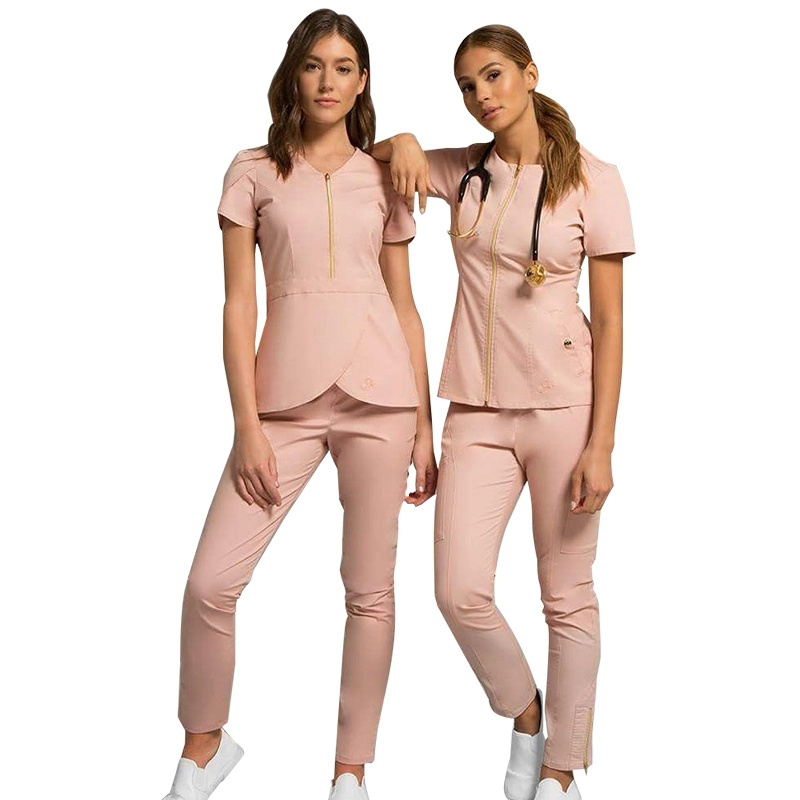 Round Neck  Zipper Scrub Top and Straight Leg Pant Set Professional Manicurist Spa Uniform Scrubs Nursing Uniform Medical Scrub