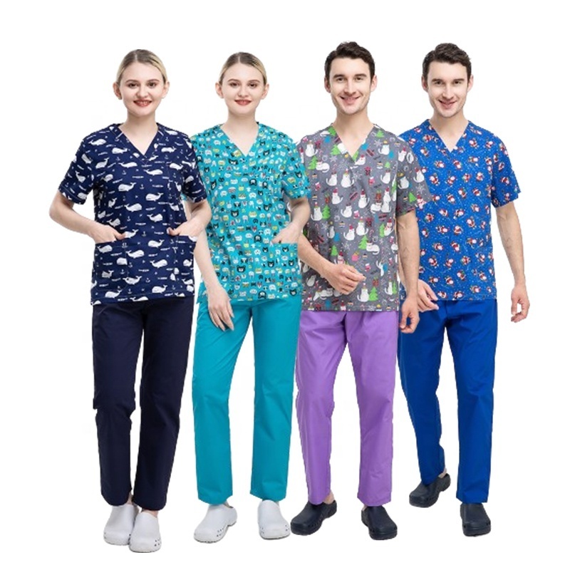 Private Label Klorine Bleach Resistance Printed Christmas Patterns Cotton Tops Scrubs Nurse Fashionable Scrubs Pattern Tops