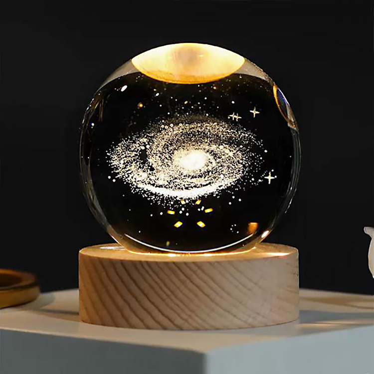 High Quality 60MM/80MM 3D Solar System Galaxy Engraved 3d Laser Crystal Ball With LED Lighting Wood Base