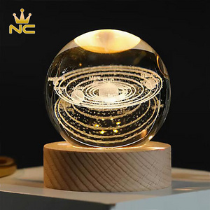 High Quality 60MM/80MM 3D Solar System Galaxy Engraved 3d Laser Crystal Ball With LED Lighting Wood Base