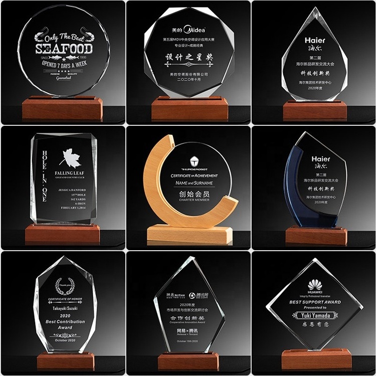 Customised Wood Glass Award Plaque Crystal Trophy With wooden Base