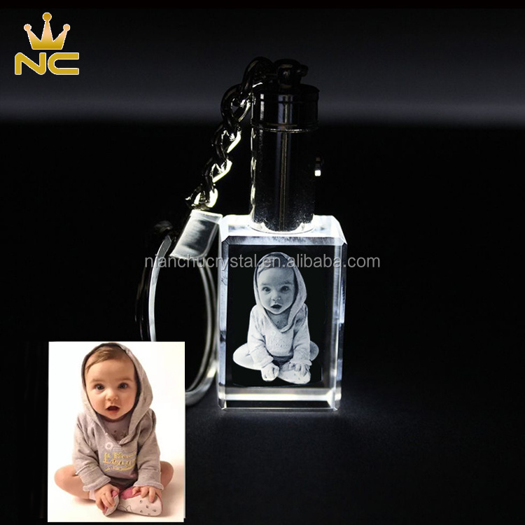 Clear Octagon Heart LED Light 3D Laser Crystal Photo Keychain With Engraved Custom Sayings For Birthday Wedding Gifts