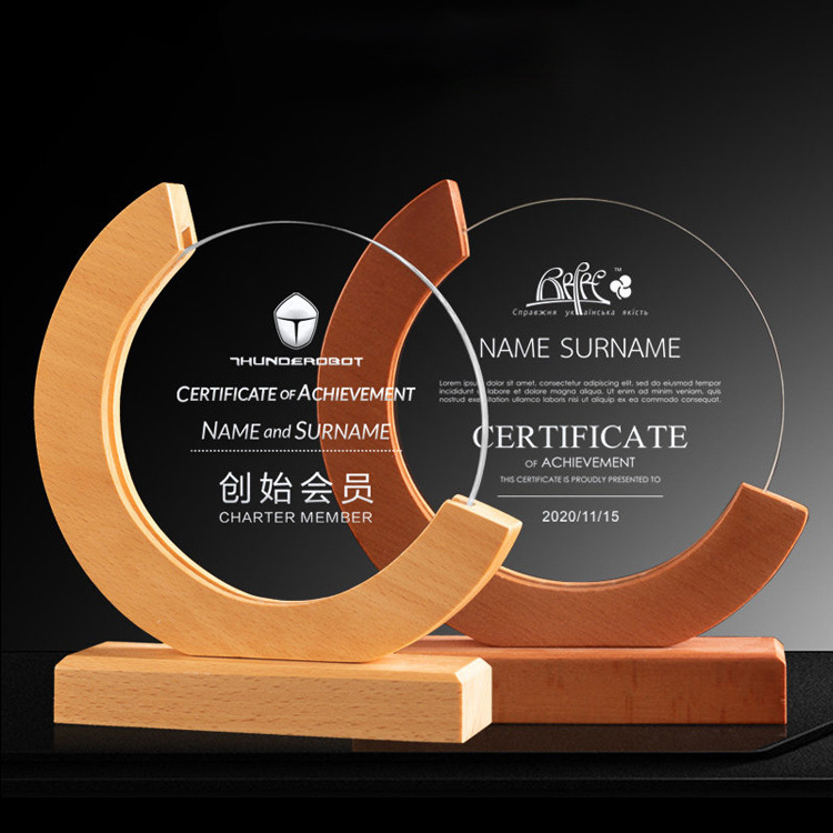 Customised Wood Glass Award Plaque Crystal Trophy With wooden Base