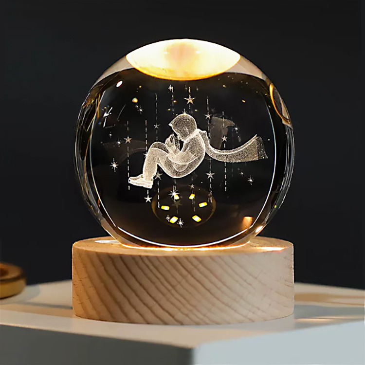 High Quality 60MM/80MM 3D Solar System Galaxy Engraved 3d Laser Crystal Ball With LED Lighting Wood Base