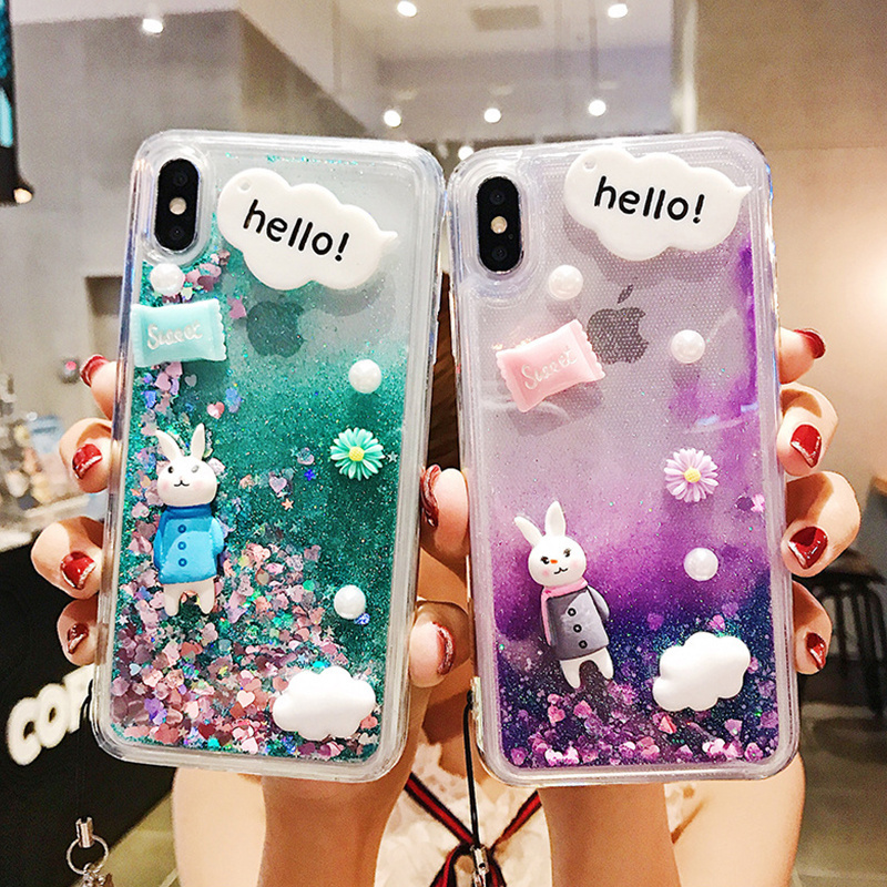 3D Cute Diamond Rabbit Case Bling Quicksand Sparkle Liquid Glitter Phone Shell Case for iPhone 14 Plus Pro Max 12  13