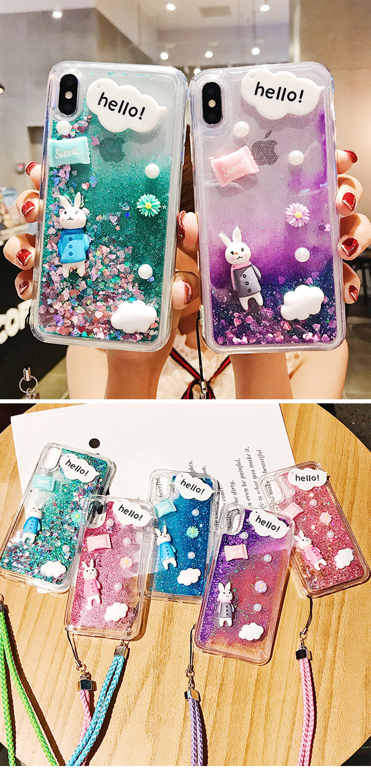 3D Cute Diamond Rabbit Case Bling Quicksand Sparkle Liquid Glitter Phone Shell Case for iPhone 14 Plus Pro Max 12  13