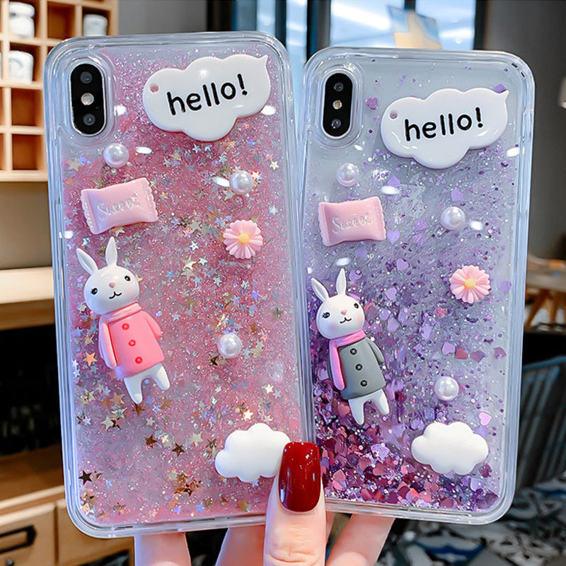 3D Cute Diamond Rabbit Case Bling Quicksand Sparkle Liquid Glitter Phone Shell Case for iPhone 14 Plus Pro Max 12  13