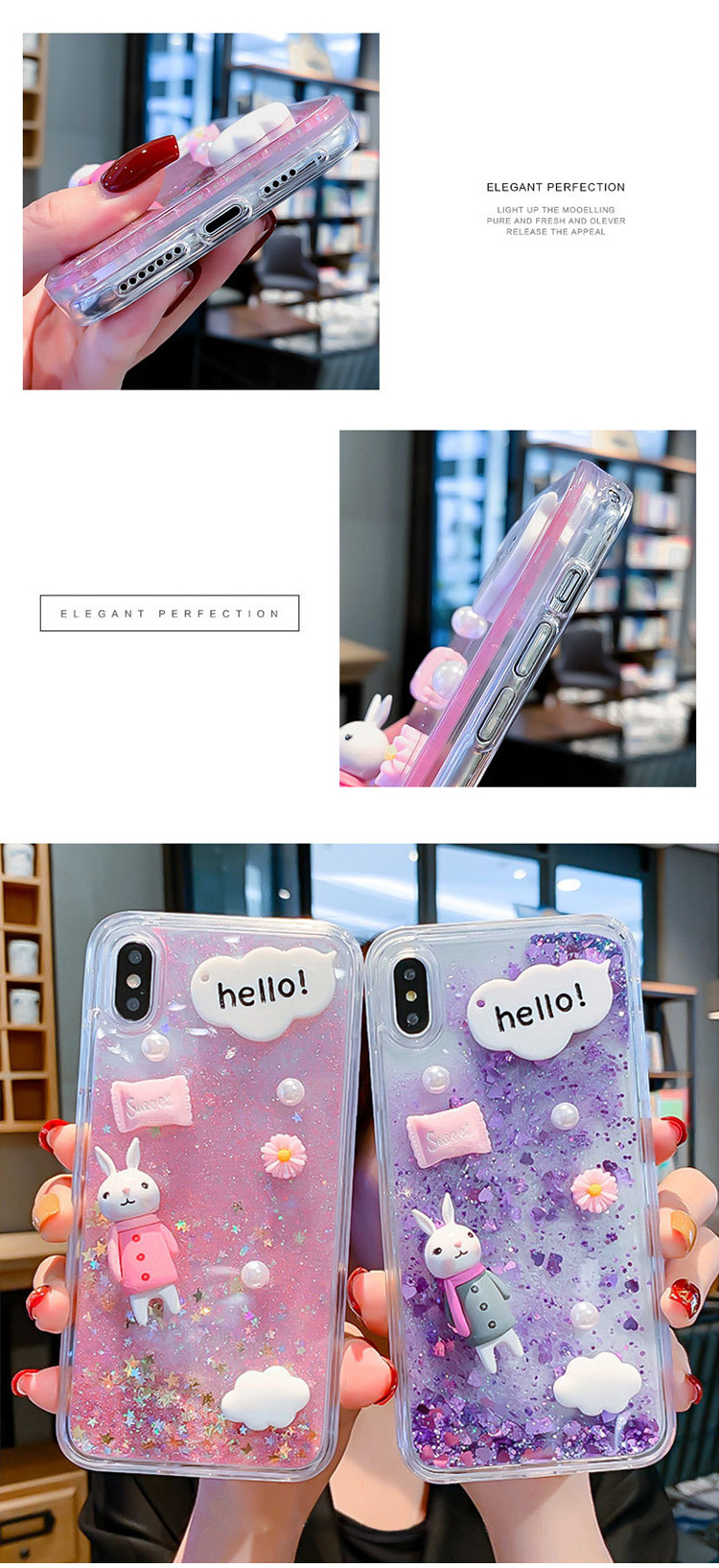 3D Cute Diamond Rabbit Case Bling Quicksand Sparkle Liquid Glitter Phone Shell Case for iPhone 14 Plus Pro Max 12  13