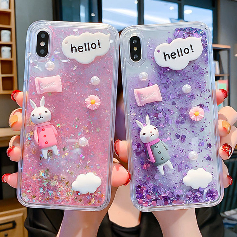 3D Cute Diamond Rabbit Case Bling Quicksand Sparkle Liquid Glitter Phone Shell Case for iPhone 14 Plus Pro Max 12  13