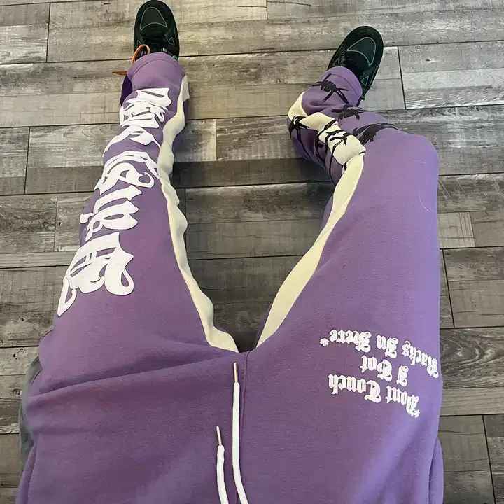 Wholesale Custom High Quality Breathable Flared Jogger Track Pants Patchwork Puff Printing Elastic Waistband Men Stacked Pant