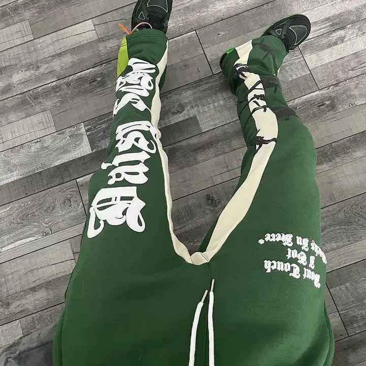 Wholesale Custom High Quality Breathable Flared Jogger Track Pants Patchwork Puff Printing Elastic Waistband Men Stacked Pant