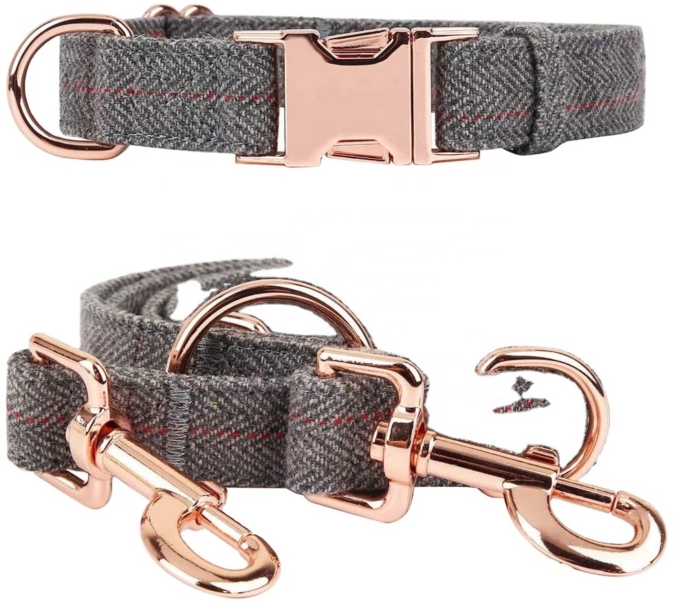 Nibao Hemp material dog collar and leash set with rose gold hardware