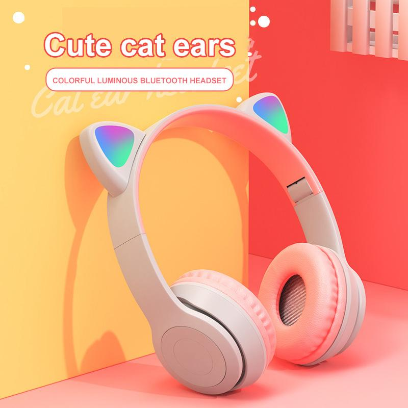 P47 Wireless Headphone Cat Ear With Mic BT 5.0 Earphone Stereo Bass Helmets Children Girl Gift Earbuds PC Phone Headset Game