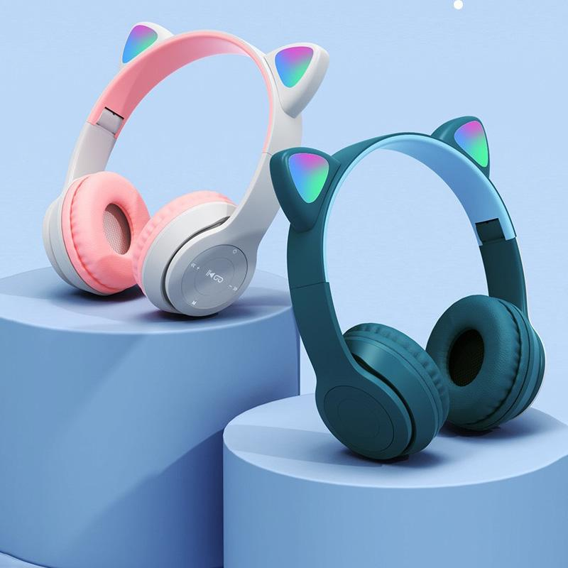 P47 Wireless Headphone Cat Ear With Mic BT 5.0 Earphone Stereo Bass Helmets Children Girl Gift Earbuds PC Phone Headset Game