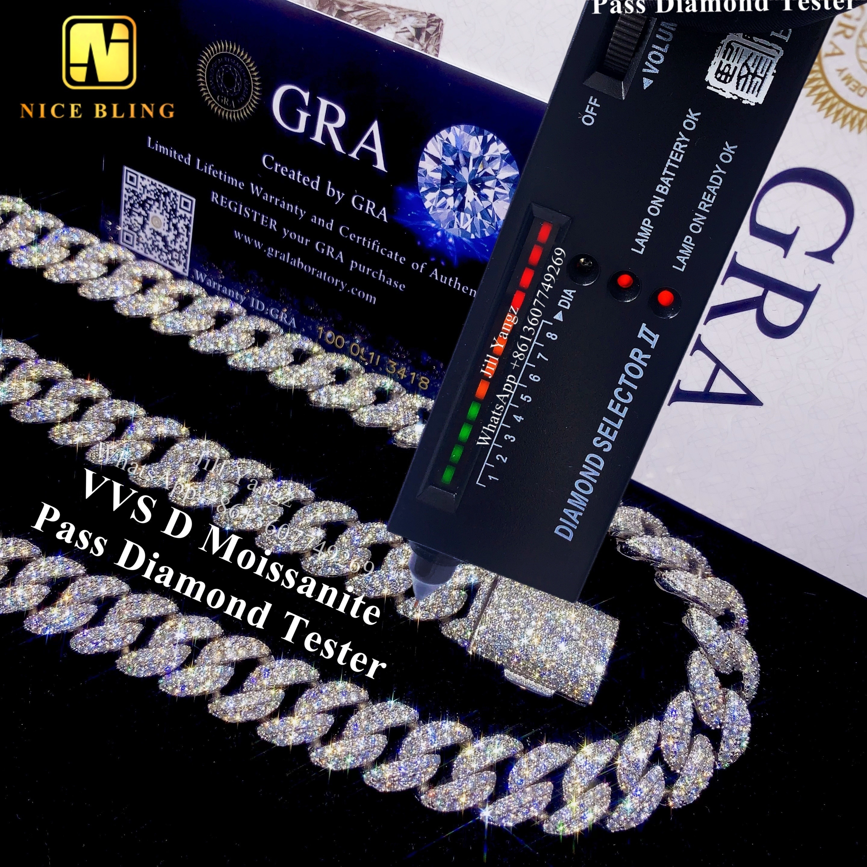 Ready Stocks 12mm Moissanite cuban Bracelet Monaco Chain18k Gold Plated Necklace Silver Cuban Link Chain