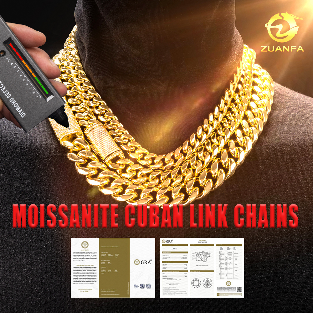 Hip Hop Iced Out Moissanite Diamond Clasp 8mm 10mm 12mm 14mm 18mm Stainless Steel Pvd Gold Plated Miami Cuban Link Chain