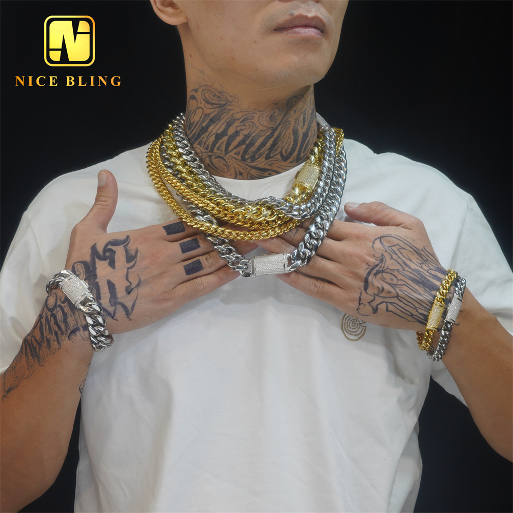 Hip Hop Iced Out Moissanite Diamond Clasp 8mm 10mm 12mm 14mm 18mm Stainless Steel Pvd Gold Plated Miami Cuban Link Chain