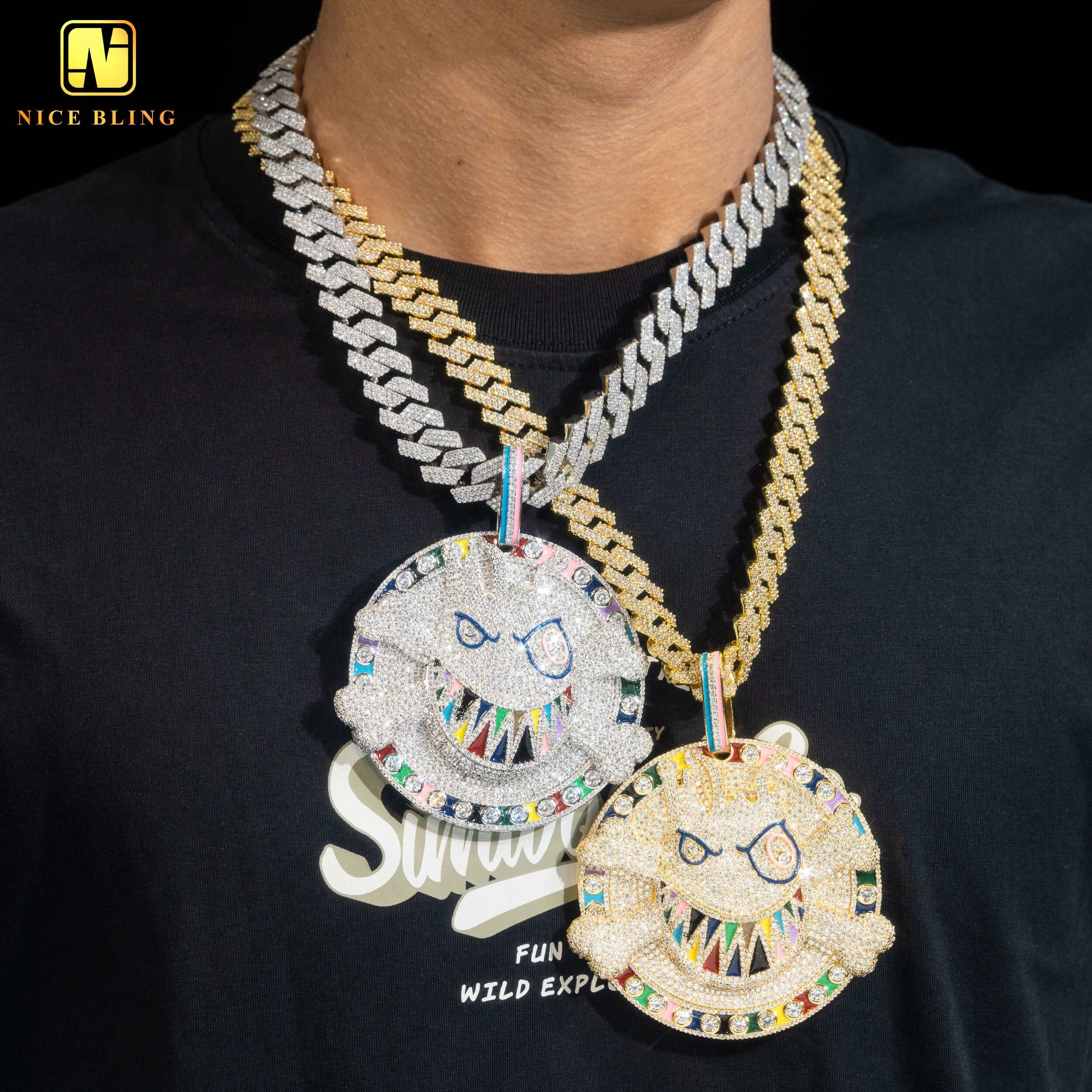 China Jewelry Wholesale Skull Face cartoon pendant Exaggerated Colorful CZ Jewelry Hip Hop Rock Iced Out Gifts For Men Rappers