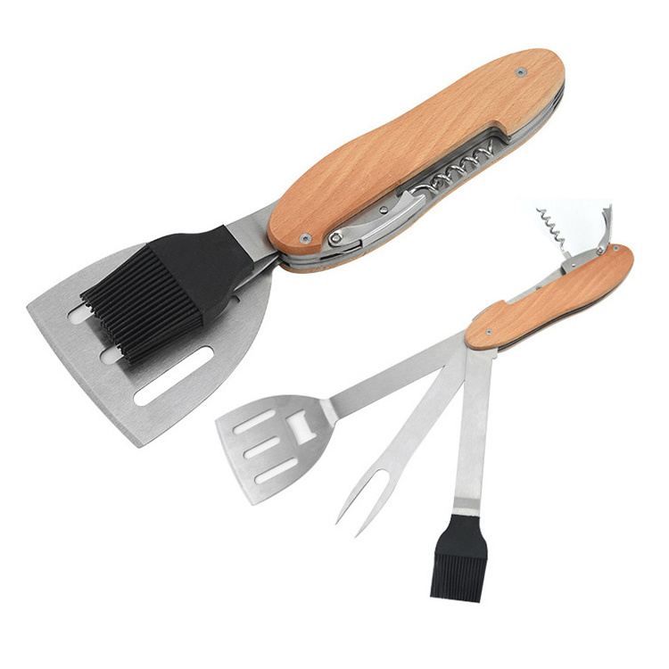 Stainless Steel 5 in 1 multifunction bbq tool Wooden Handle Portable Detachable camping foldable BBQ Tools set barbecue grill