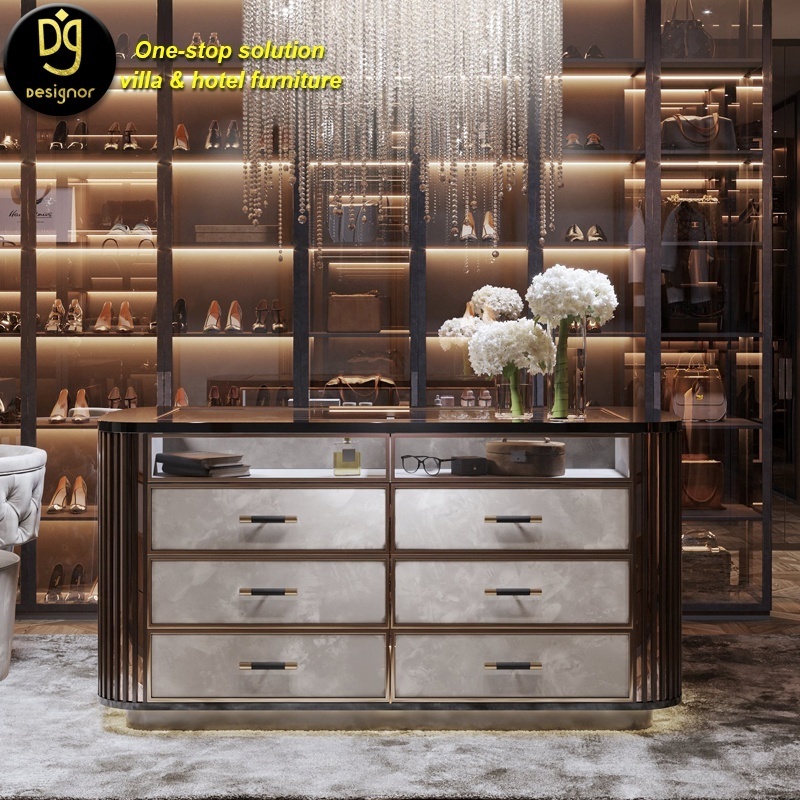 DG Aluminum Frame Glass Shelf Hanging Clothes Wardrobe Leather Covered Drawer Wardrobe Glass Armoire With Led Light