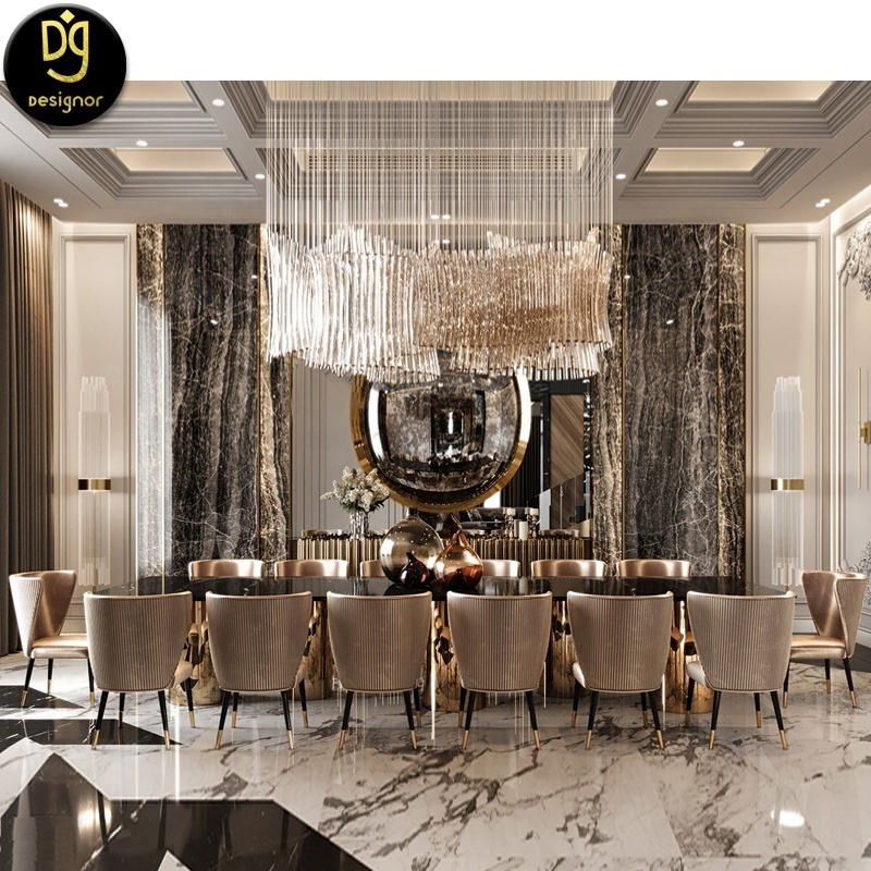 DG 210524Custom high end villa dining room large 12 14 seater black marble top restaurant dining table