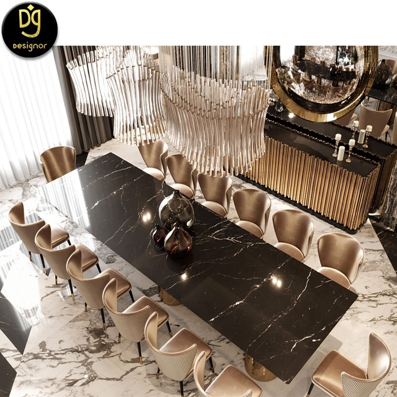 DG 210524Custom high end villa dining room large 12 14 seater black marble top restaurant dining table