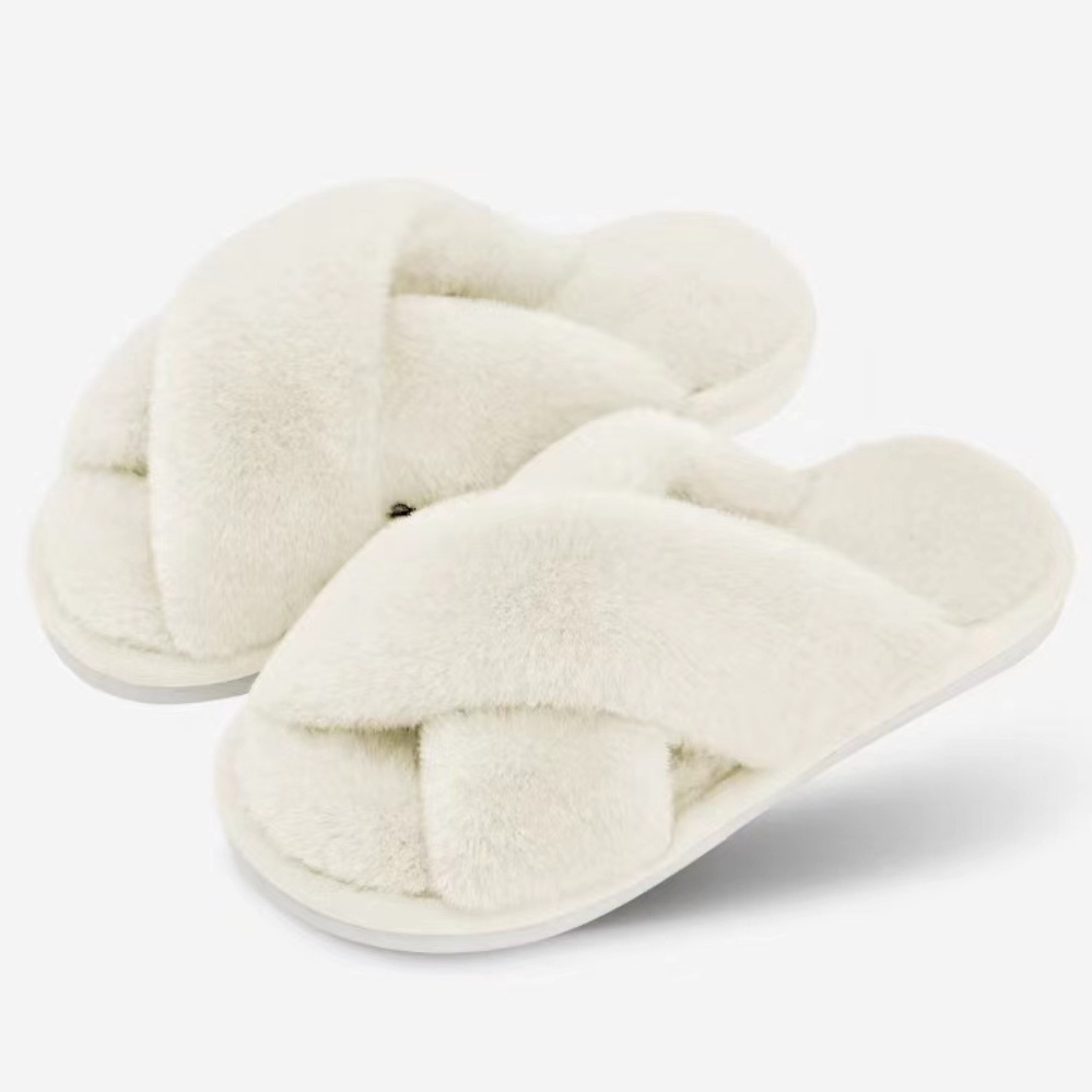 Custom Wholesale Women Memory Foam Slippers Cross Band Cozy Plush Home Slippers Fluffy Furry Open Toe House Shoes Indoor Slide