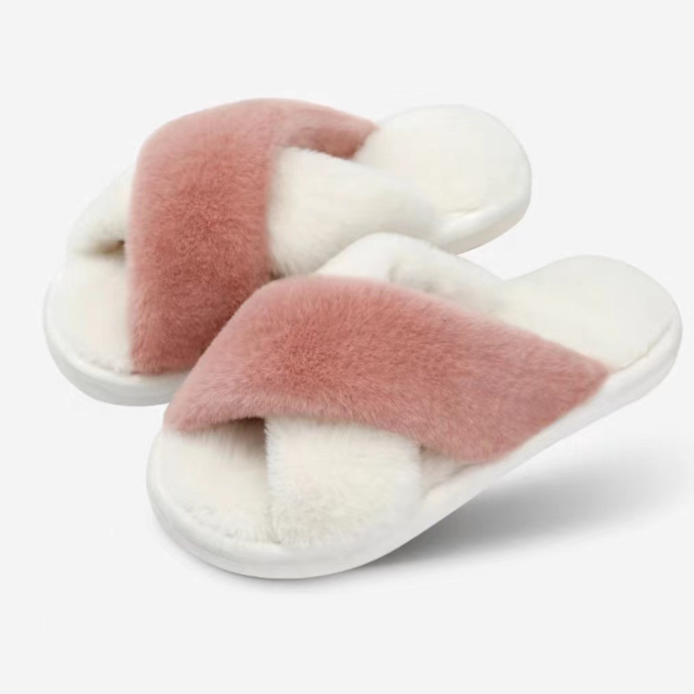 Custom Wholesale Women Memory Foam Slippers Cross Band Cozy Plush Home Slippers Fluffy Furry Open Toe House Shoes Indoor Slide