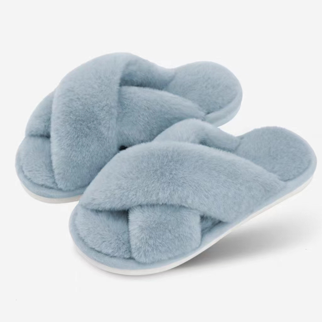 Custom Wholesale Women Memory Foam Slippers Cross Band Cozy Plush Home Slippers Fluffy Furry Open Toe House Shoes Indoor Slide