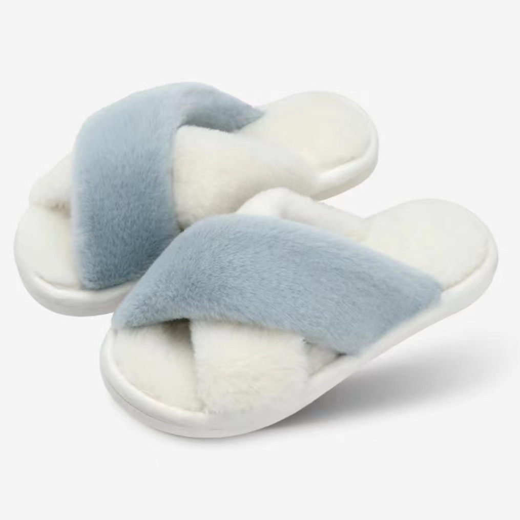 Custom Wholesale Women Memory Foam Slippers Cross Band Cozy Plush Home Slippers Fluffy Furry Open Toe House Shoes Indoor Slide