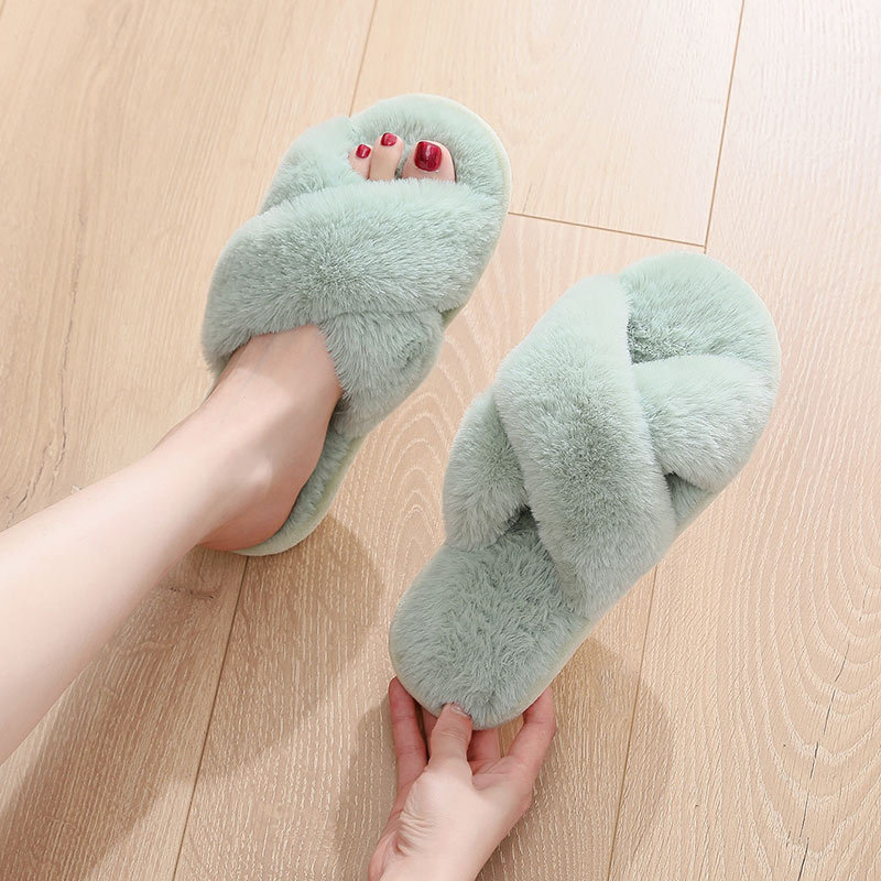 Custom logo promotion gift Women Winter House Furry Slippers Home warm Shoes Ladies Cross Soft Plush Furry Indoor Slippers