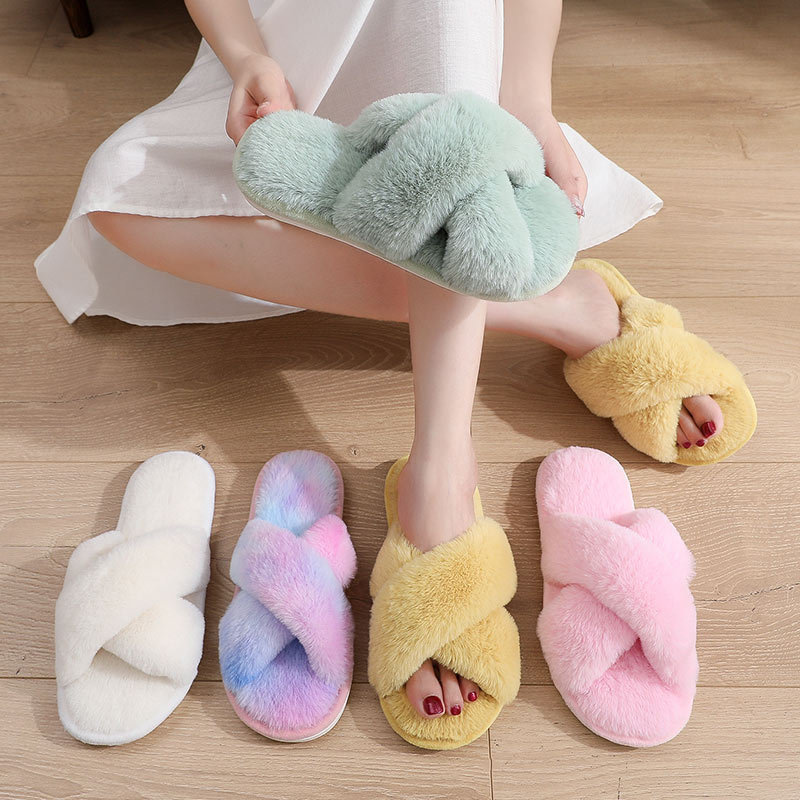 Custom logo promotion gift Women Winter House Furry Slippers Home warm Shoes Ladies Cross Soft Plush Furry Indoor Slippers