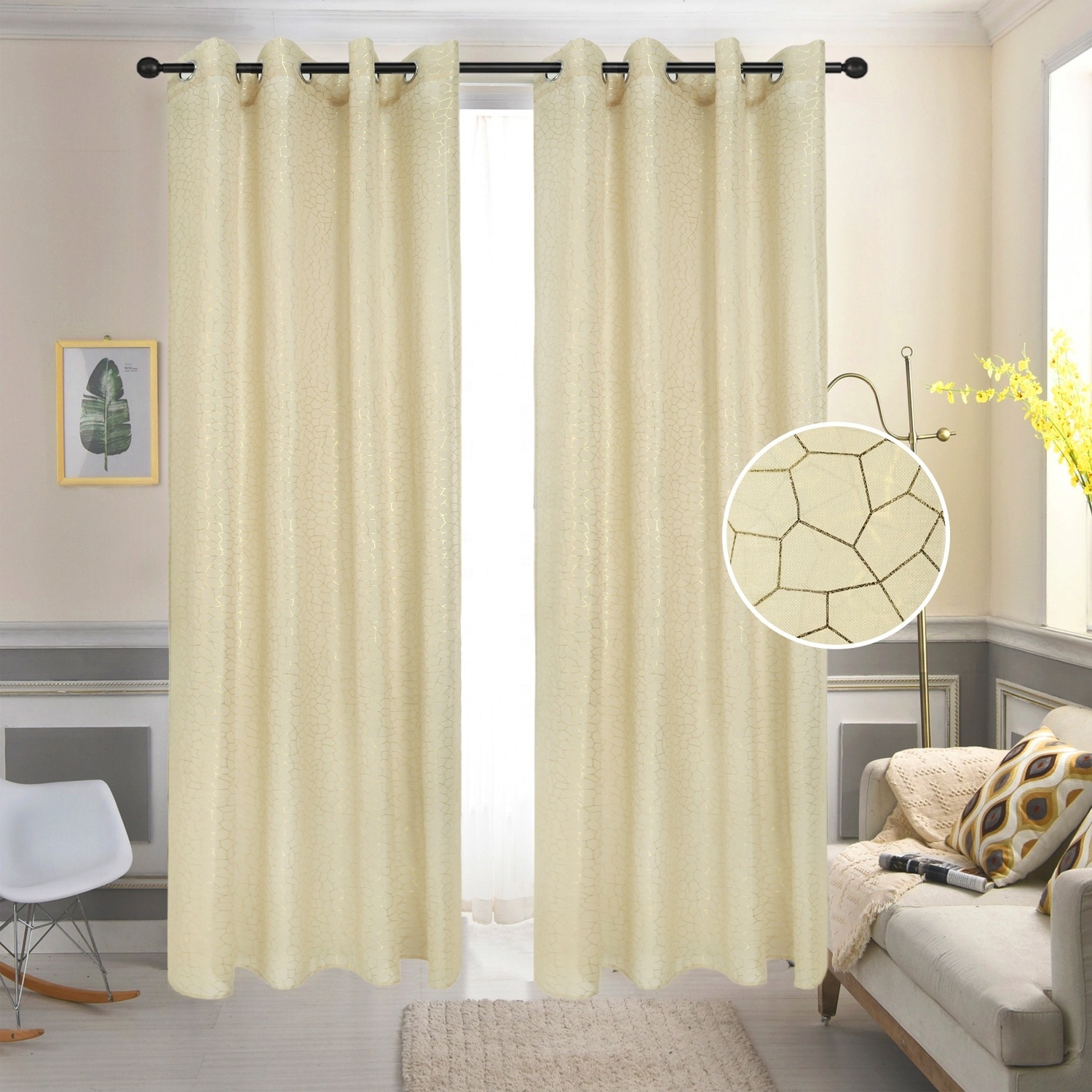 Bindi Luxury Modern Living Room Curtains Custom Geometric Patterns Gold Foil Print Metallic Bronzing Sheer Curtain